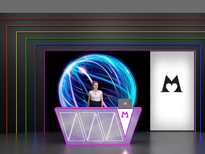 Modern Purple Geometric Reception Desk With Neon Lights Blue Glowing Sphere And Branding Logo 3d model