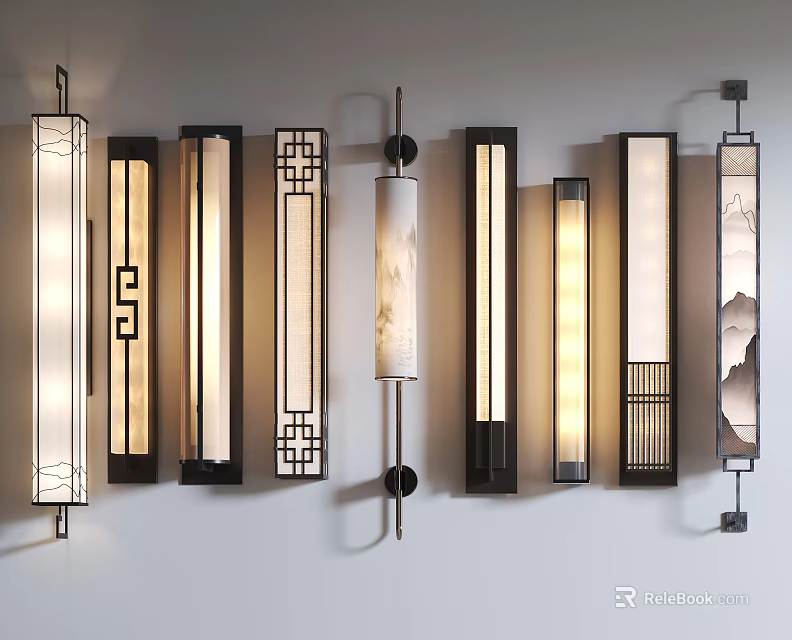 Modern Chinese Style Wall Lamps With Geometric Patterns And Soft Lighting 3d model 