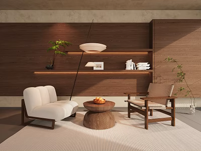 Modern Interior Wooden Table And Chair Set With Upholstered Seats And Potted Plant 3d model