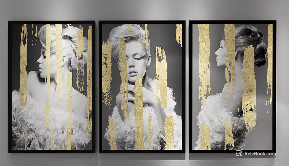 Three Black and White Female Profile Paintings with Gold Brush Strokes and Feather Attire 3d model 