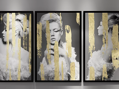 Three Black and White Female Profile Paintings with Gold Brush Strokes and Feather Attire 3d model