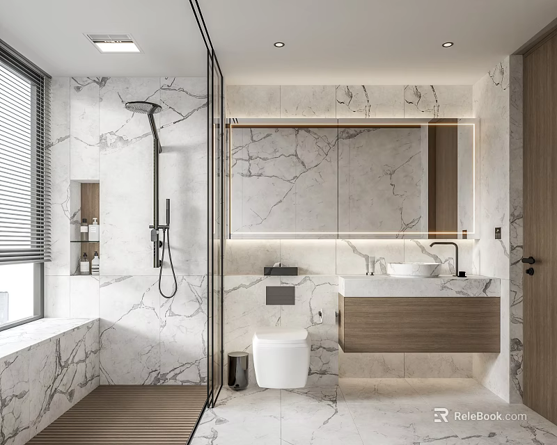 Modern Bathroom With Marble Walls Large Backlit Mirror Shower Area And Wall Mounted Vanity 3d model 