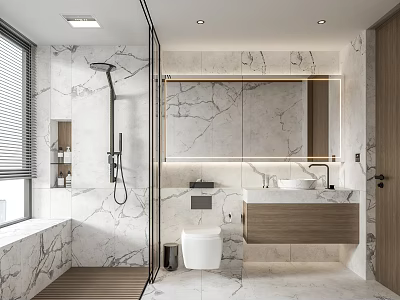 Modern Bathroom With Marble Walls Large Backlit Mirror Shower Area And Wall Mounted Vanity 3d model