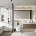 Modern Bathroom With Marble Walls Large Backlit Mirror Shower Area And Wall Mounted Vanity