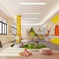 Colorful Preschool Classroom Interior With Cartoon Wall Decor Children Tables Chairs And Large Screen