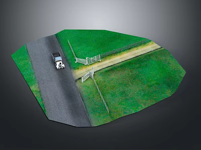 Scenic Rural Road With White Fence Green Grassland And White Car 3d model
