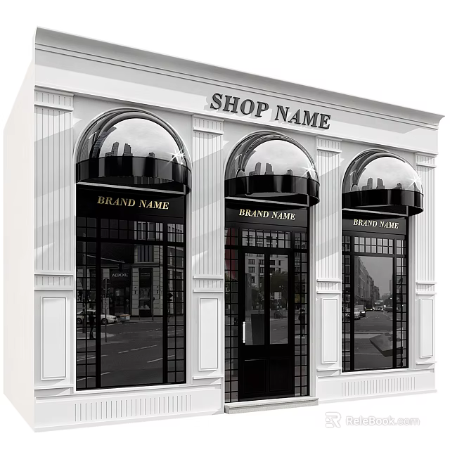 Elegant Arched Shop Window Display In White Building With Brand Name Signs And Street Reflections 3d model 
