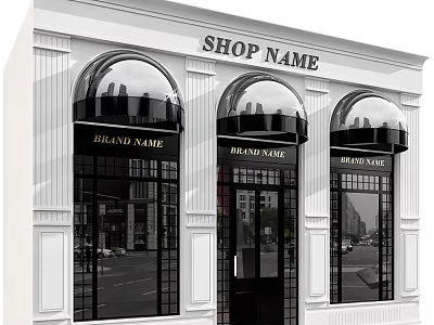 Elegant Arched Shop Window Display In White Building With Brand Name Signs And Street Reflections 3d model