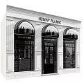 Elegant Arched Shop Window Display In White Building With Brand Name Signs And Street Reflections
