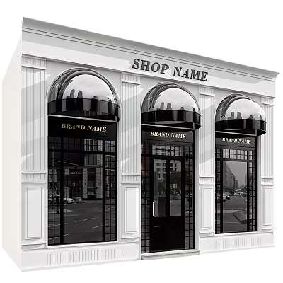 Elegant Arched Shop Window Display In White Building With Brand Name Signs And Street Reflections 3d model