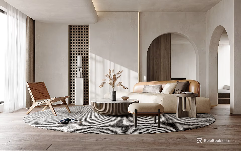 Modern Living Room Interior With Curved Sofa Woven Rattan Chair Round Rug And Wooden Flooring 3d model 
