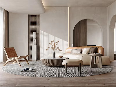 Modern Living Room Interior With Curved Sofa Woven Rattan Chair Round Rug And Wooden Flooring 3d model