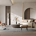 Modern Living Room Interior With Curved Sofa Woven Rattan Chair Round Rug And Wooden Flooring