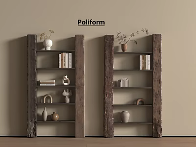 Wooden Shelves With Natural Texture Displaying Books Vases And Decorative Items In Home 3d model