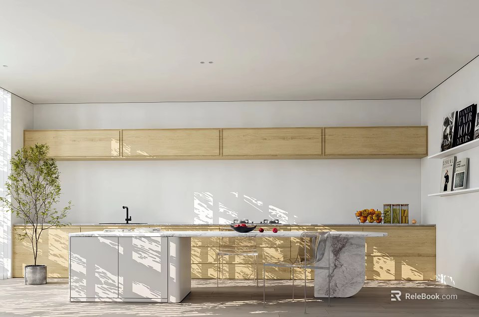 Modern Restaurant Kitchen With Open Concept Wooden Cabinets And Marble Countertop 3d model 