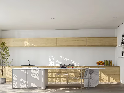 Modern Restaurant Kitchen With Open Concept Wooden Cabinets And Marble Countertop 3d model
