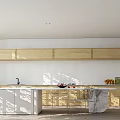 Modern Restaurant Kitchen With Open Concept Wooden Cabinets And Marble Countertop