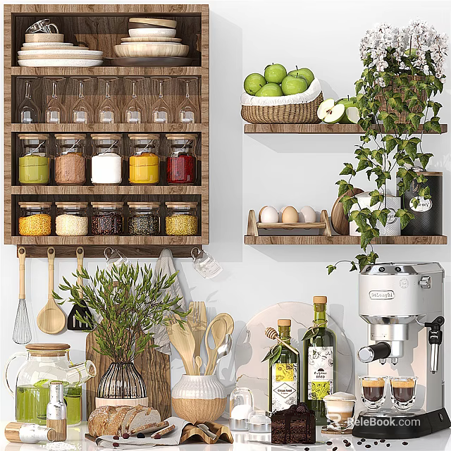 Cooking Utensils On Organized Kitchen Shelves With Spices Jars Plants And Coffee Machine 3d model 