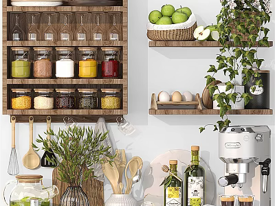 Cooking Utensils On Organized Kitchen Shelves With Spices Jars Plants And Coffee Machine 3d model