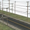 Road Infrastructure Featuring Utility Poles Power Lines Along Asphalt Road Lane Markings