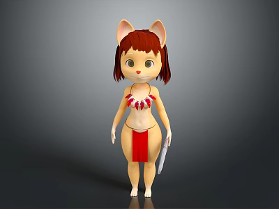 Detailed Cartoon Cat Ear Character With Red Brown Hair Tribal Outfit Holding Dagger 3d model