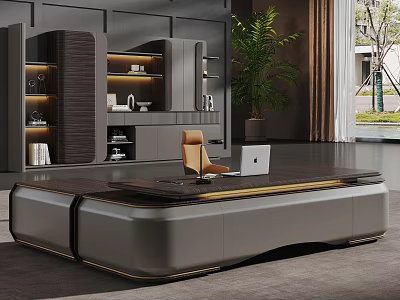 Contemporary Office Desk With Leather Frame Wooden Top Laptop Orange Chair And Green Plant 3d model