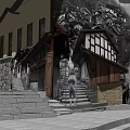 Traditional Scenic Wall Design With Black And White Landscape Painting Stone Steps And Trees