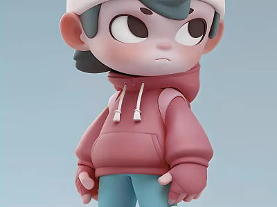 Cartoon Style Boy Sculpture With Pink Hoodie Blue Pants And White Hat 3d model