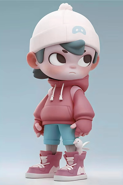 Cartoon Style Boy Sculpture With Pink Hoodie Blue Pants And White Hat 3d model