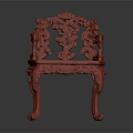 Traditional Chinese Red Wooden Chair with Intricate Carvings on Backrest and Armrests