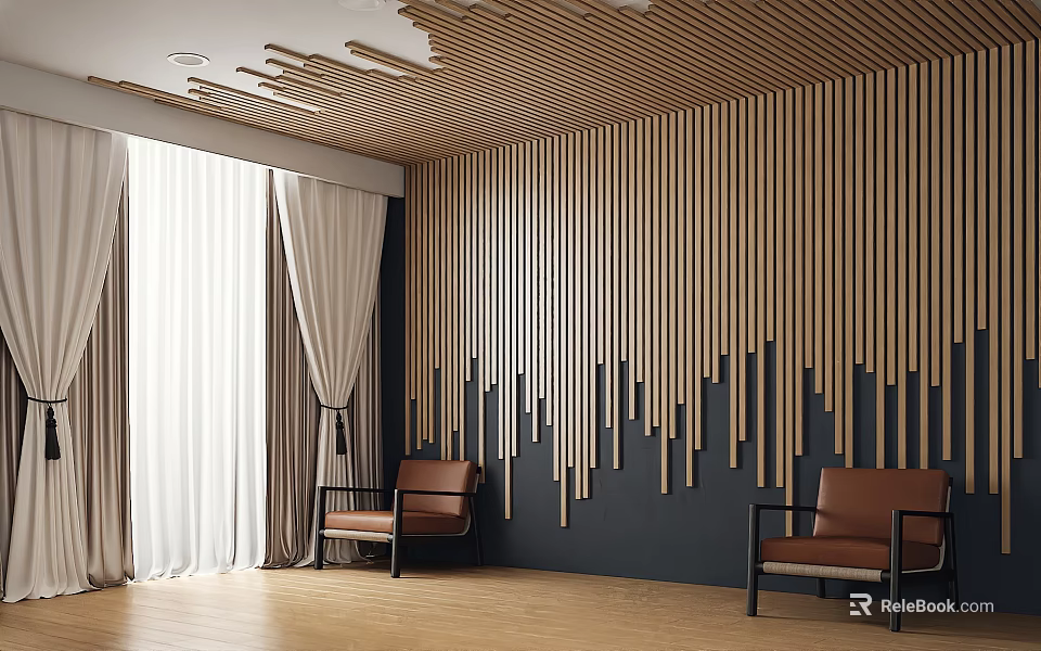 Modern Lounge Area Interior With Brown Leather Chairs Vertical Wooden Slats And White Curtains 3d model 