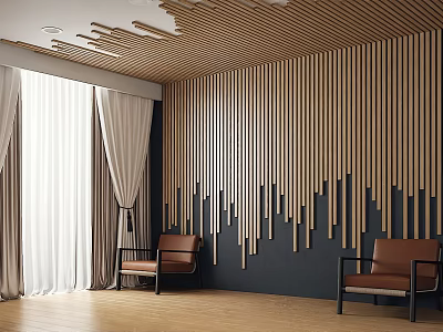 Modern Lounge Area Interior With Brown Leather Chairs Vertical Wooden Slats And White Curtains 3d model