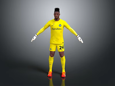 Man Standing in Yellow Goalkeeper Uniform With Spartech Number 24 White Gloves and Orange Cleats 3d model