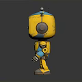 Yellow And Blue Robot With Large Eyes Headphones And Metallic Body Standing On Dark Background 3d model
