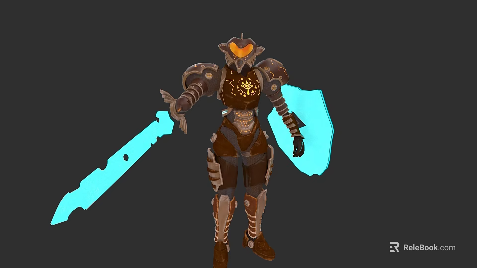 Fantasy Game Character Wearing Brown Gold Armor With Blue Glowing Weapon And Decorative Patterns 3d model 