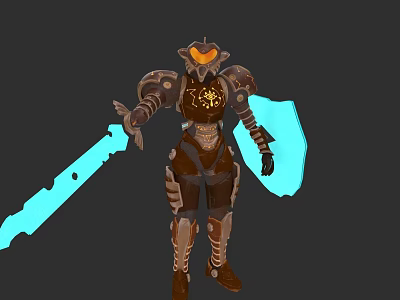 Fantasy Game Character Wearing Brown Gold Armor With Blue Glowing Weapon And Decorative Patterns 3d model