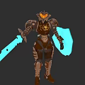Fantasy Game Character Wearing Brown Gold Armor With Blue Glowing Weapon And Decorative Patterns