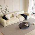 Fabric Three-Person Sofa Fabric Multi-Person Sofa Solid Wood Coffee Table Pillow Sleeper Round Edge Vase Green Plant Carpet Books 3d model