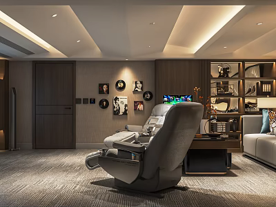 Modern Home Theater Room With Recliner Chair TV Screen Decorative Wall Art And Shelving Unit 3d model
