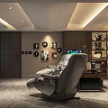Modern Home Theater Room With Recliner Chair TV Screen Decorative Wall Art And Shelving Unit