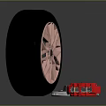 Car Wheel With Red Rim Black Tire Brake Disc And Nearby Tools