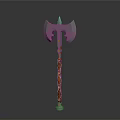 Ancient Battle Axe Weapon With Metallic Head Intricate Carvings And Red Orange Handle