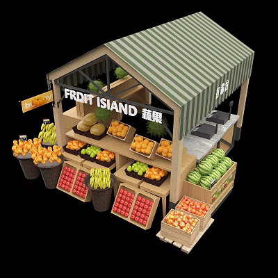 Fruit Market Stall Display Shelves With Fresh Fruits And Organized Racks 3d model