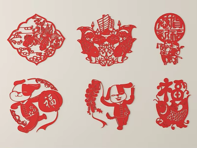 Traditional Chinese Paper Cuttings With Red Lucky Characters Animal Patterns And Folk Art 3d model