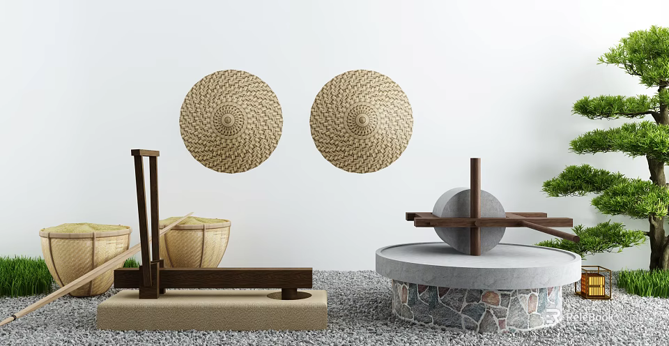 Courtyard Garden With Wicker Disc Decor Stone Mill And Gray Gravel Ground 3d model 
