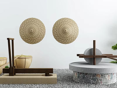 Courtyard Garden With Wicker Disc Decor Stone Mill And Gray Gravel Ground 3d model