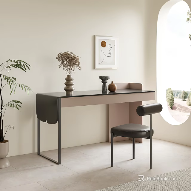 Modern Minimalist Desk With Decorative Vase Framed Art Chair Potted Plant And Natural Light 3d model 