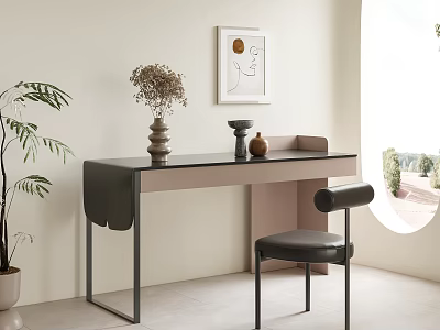 Modern Minimalist Desk With Decorative Vase Framed Art Chair Potted Plant And Natural Light 3d model