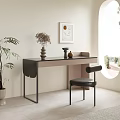 Modern Minimalist Desk With Decorative Vase Framed Art Chair Potted Plant And Natural Light