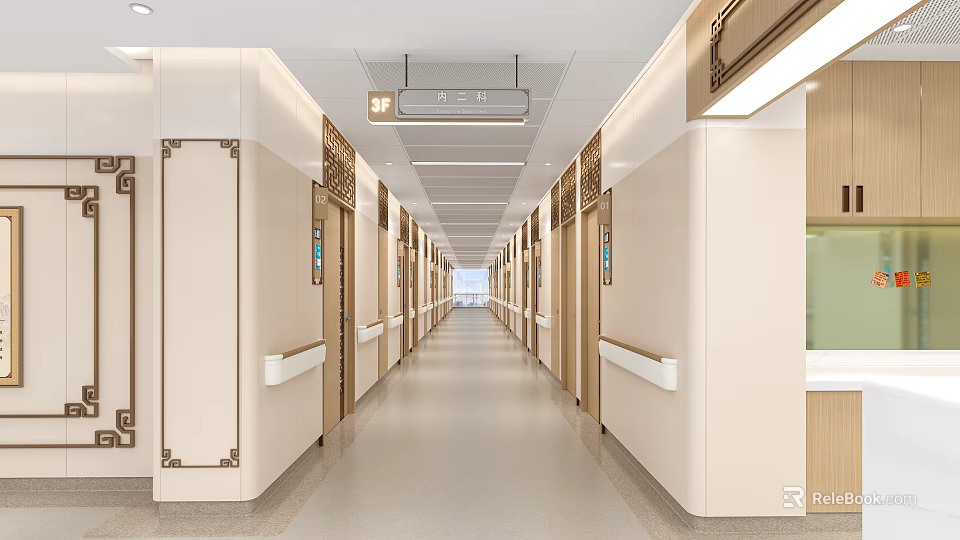 Hospital Outpatient Clinic Corridor With Wall Decor Handrails And Sign 3d model 